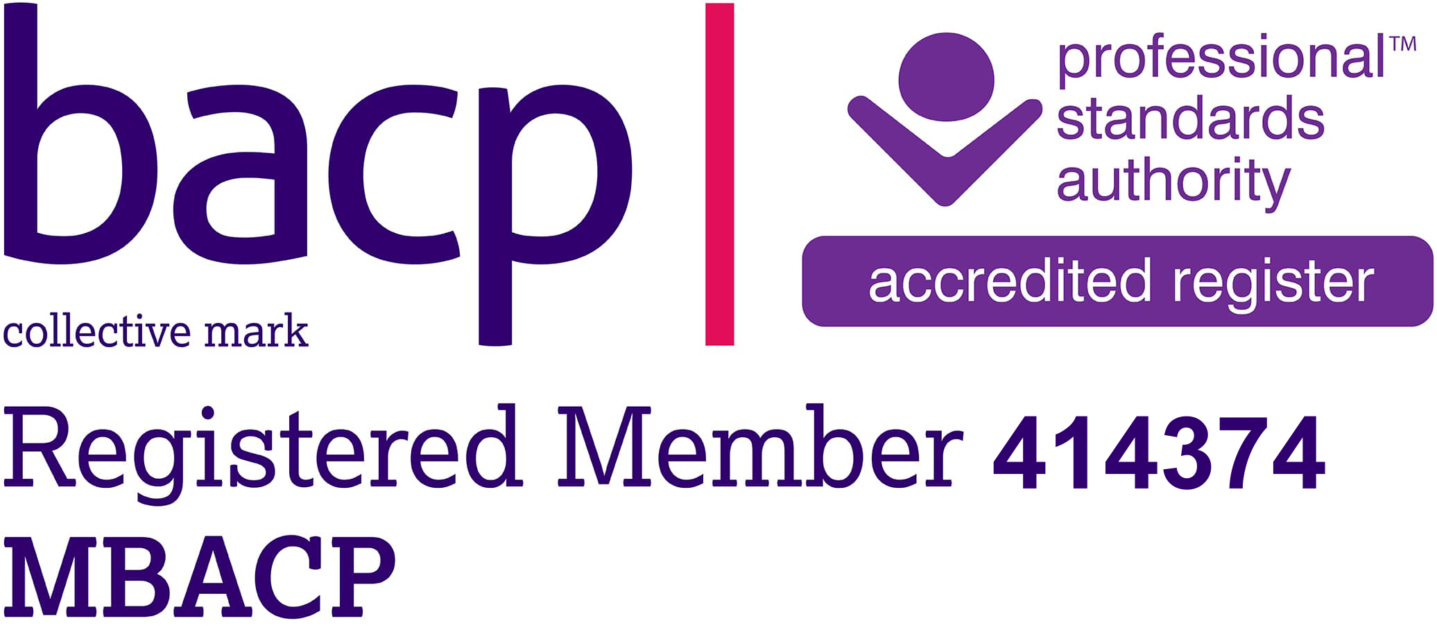 BACP Registered Member logo with Professional Standards Authority accredited register badge and membership number 414374.